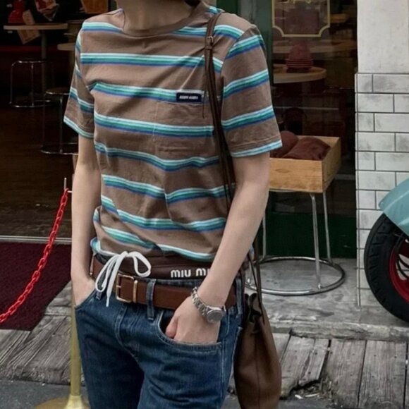 MIU MIU 2024 Men's and Women's Couple Stripe Fashion Short Sleeve